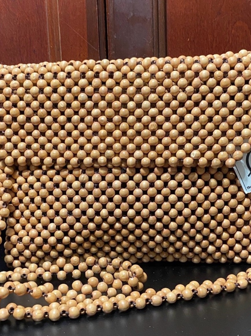 Vintage Wooden Bead Shoulder Bag - Natural Tan